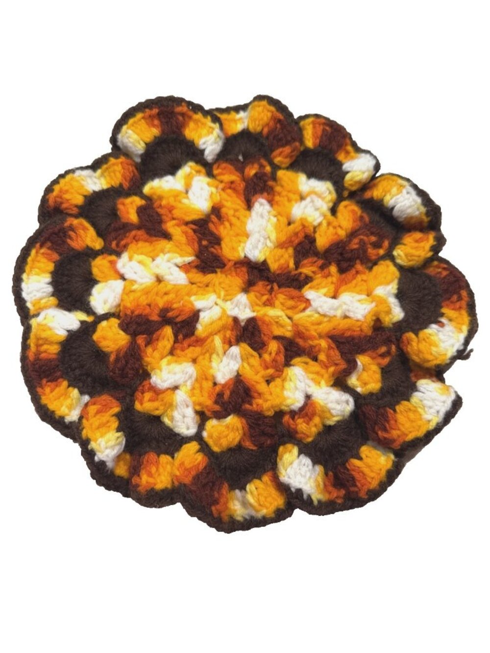 Vtg MCM 70’s Handmade Crochet Knitted Round Pot Holder Orange Brown Yellow 9.5'